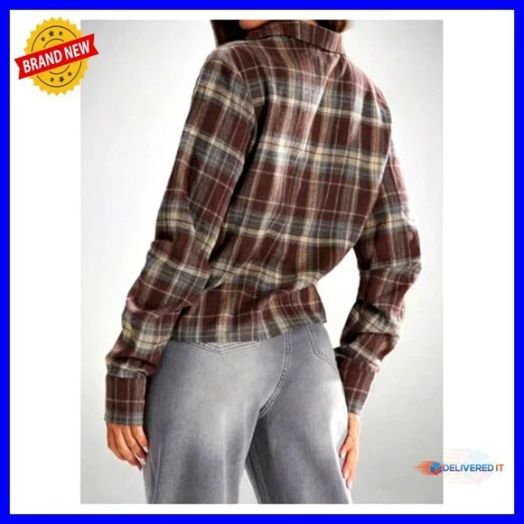 Long Sleeve Plaid Button Down Blouse, Loose Fit, Casual Top - Picture 3 of 5